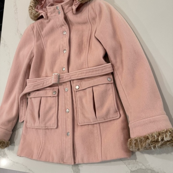 Express Button Front Wool/Cashmere Blend Pea Coat Faux Fur Trim Women’s 6 Pink - Picture 2 of 10